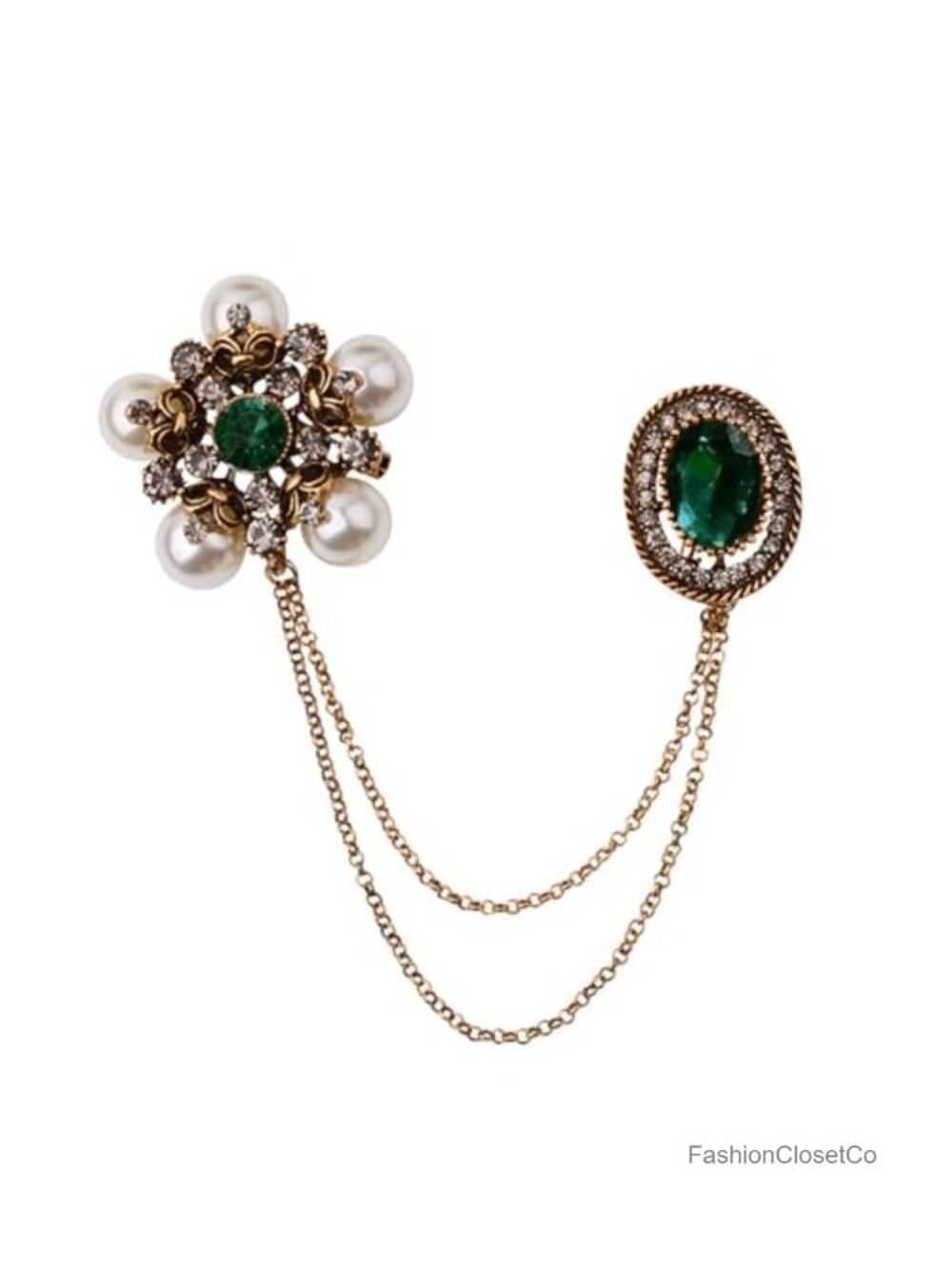 Crystal Pearl Flower Tassel Brooch Lapel Pin Simulated Emerald Rhinestone